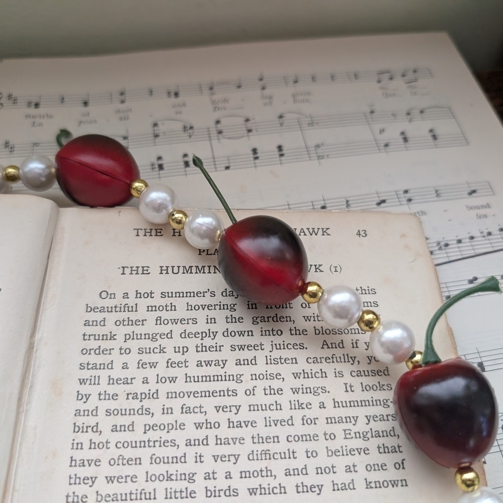 Faux Pearl and Red Cherry Bead Necklace - Picture 3 of 9